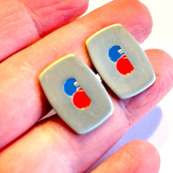 Silver cufflinks with red & blue enamel design unique mid century modernist - Picture 5 of 7